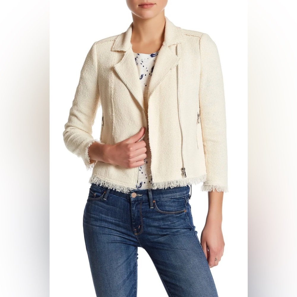 Rebecca Taylor Cream Fringe Tweed Moto-Style Blazer